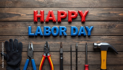Happy Labor Day Text With Work Tools Hammer Pliers Gloves On Wooden Background Celebration Greeting Card Design
