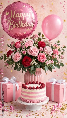 Beautiful happy birthday celebration with a pink cake bouquet of roses and balloons