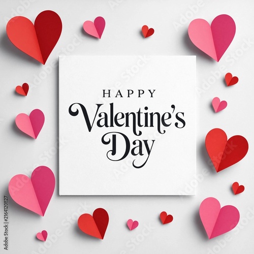 Happy valentines day card with red and pink paper hearts