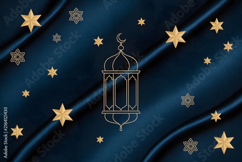 Islamic Greeting Card Featuring a Golden Crescent Moon and Intricate Lantern Design Featuring Stars, Gold