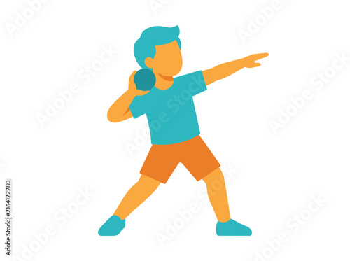 Young Kid Athlete Performing Shot Put Flat Vector Illustration