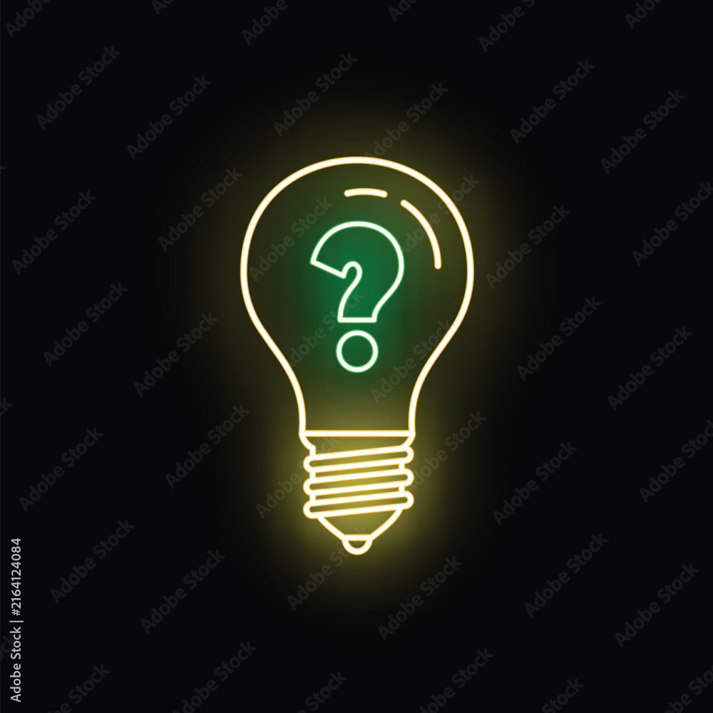 Fototapeta premium Neon light bulb glowing with a question mark illustrating an idea, mystery, or problem solving