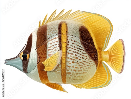 Copperband Butterflyfish Isolated Illustration With Brown Stripes And Yellow Fins On White Background
