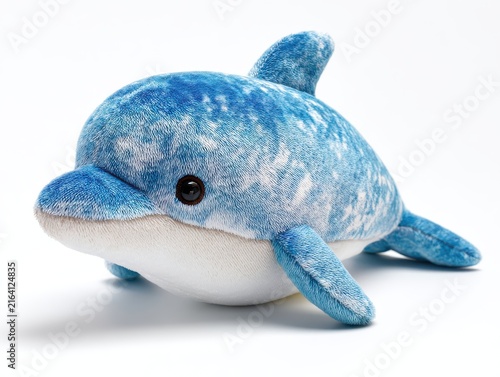 Cute Blue And White Dolphin Plush Toy Isolated On A Bright White Background For Product Photography