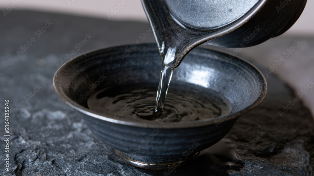 Fototapeta premium A small vessel tilts as clear water pours into a dark bowl resting on a textured surface. The water creates ripples in the bowl