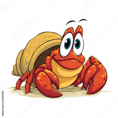Cute Cartoon Hermit Crab With Large Shell And Red Pincers On Sandy Beach Isolated On White Background
