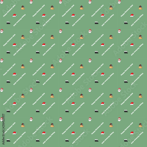 Seamless Christmas pattern with cute Santa Claus faces, boots, gifts and holiday illustration on green background vector