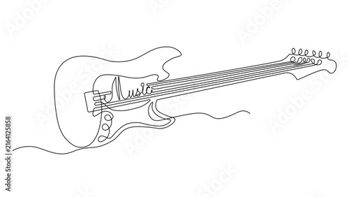 The inscription of the strings is Music,Continuous line drawing of an electric guitar, minimalist musical instrument illustration, rock music and guitar concept