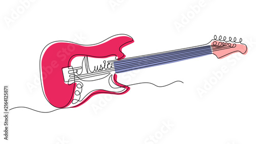 The inscription of the strings is Music,Continuous line drawing of an electric guitar, minimalist musical instrument illustration, rock music and guitar concept