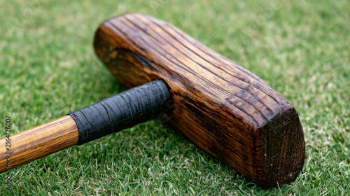 A wooden mallet sits on green grass in a backyard. It is used for playing croquet outdoors. People enjoy the game under the sun in a casual atmosphere