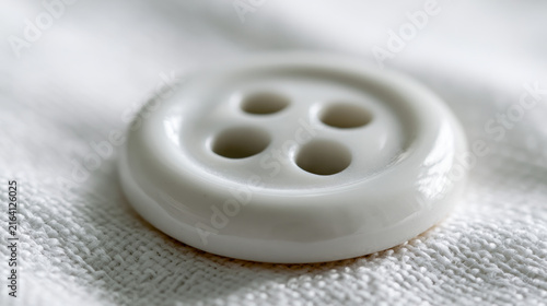A white button with four holes sits on a textured fabric background. The picture shows the button clearly in natural light, emphasizing its glossy surface