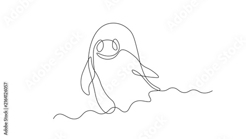 Cute friendly ghost drawn in continuous line art style, minimalist one line drawing of smiling playful spirit character, simple black and white outline illustration for Halloween or fun design