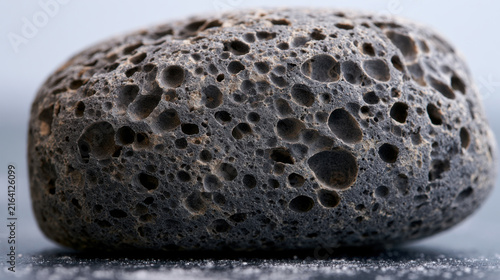 A volcanic rock is shown on a surface. The rock has many holes and a rough texture. It is gray and shows signs of natural formation. The setting is simple and uncluttered