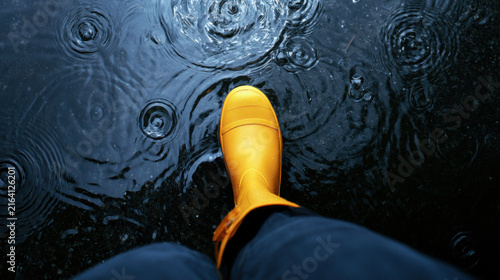 A yellow rubber boot stands in a water puddle. Raindrops create ripples in the water. Wet ground shows signs of recent rain. This occurs outdoors during a rainy day