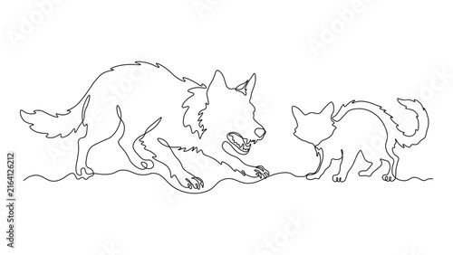 Принти на полотні Continuous line drawing of an aggressive dog facing a defensive cat with arched