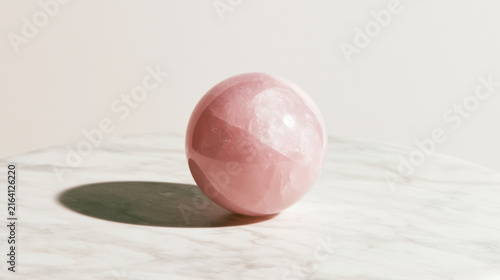 A round pink stone sits still on a light surface. Light creates soft shadows around the stone. The scene has a simple and clean appearance