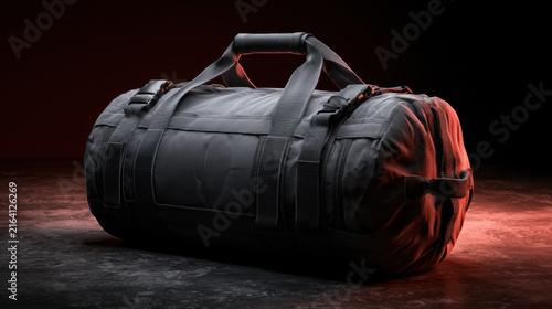 A black duffel bag is positioned on a dark surface. The soft glow of red light highlights its features. This scene emphasizes the bag's design and texture