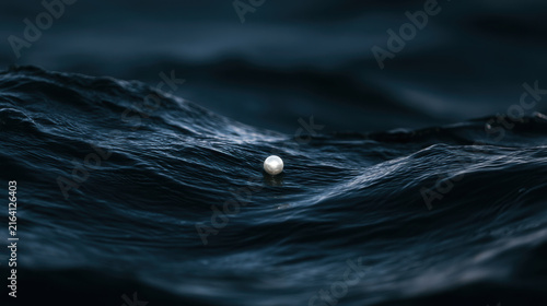 A small droplet of water rests on the surface of dark ocean waves during twilight hours. The scene captures the colors of the waves and the droplet's reflection