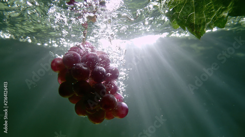Grapes are underwater with sunlight streaming down from above. Bubbles surround the grapes as they dangle below the water's surface. Leaves are visible nearby