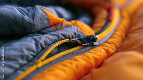 A close-up view shows the texture and color of a sleeping bag. The zipper stands out with bright yellow and gray fabric. The setting suggests outdoor camping activity in nature