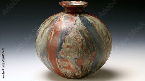 A round clay pot shows various colors and patterns. The surface has textures that create an interesting look. This pottery sits on a plain background, showing off its shape