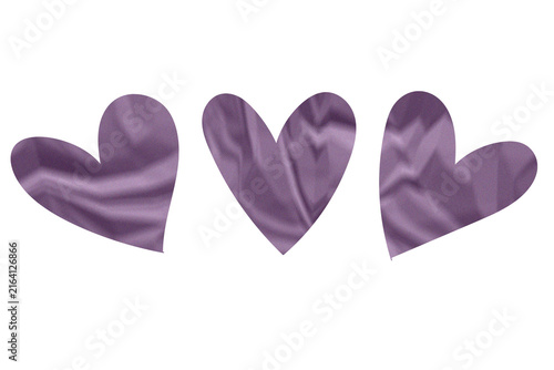 Three purple satin hearts isolated on transparent background