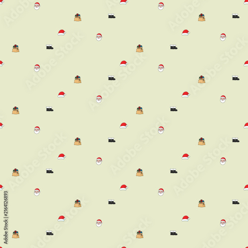 Seamless Christmas pattern with cute Santa Claus faces, winter boots and gifts on cream background vector.