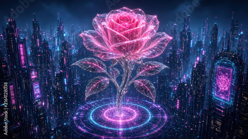 Cyberpunk rose desktop wallpaper glowing holographic flower neon cityscape futuristic romance digital art