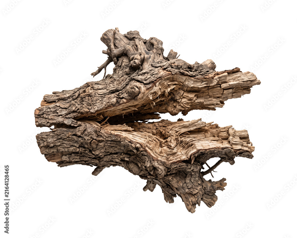 Fototapeta premium Split weathered tree root against a black background
