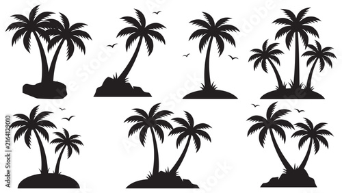 Illustrations set of palm tree silhouettes on islands, tropical beach elements for summer design