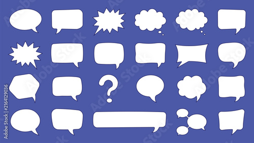 Illustrations set of various empty speech bubbles and thought balloons on a blue background