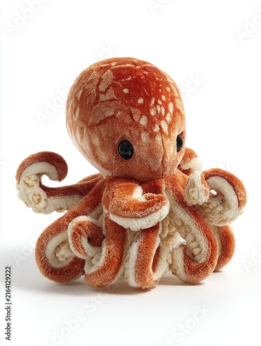 Cute Textured Orange Octopus Plush Toy With Shimmering Surface Isolated On A Pure White Background