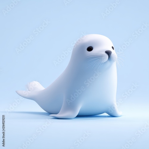 Cute White Baby Seal Isolated On A Soft Pastel Blue Background Studio Shot Digital Illustration