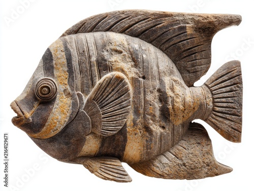 Decorative Stone Fish Sculpture With Textured Brown And Black Pattern Isolated On White Background