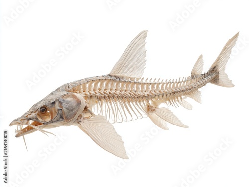 Detailed Biological Skeleton Of A Sturgeon Fish Isolated On A Clean White Studio Background