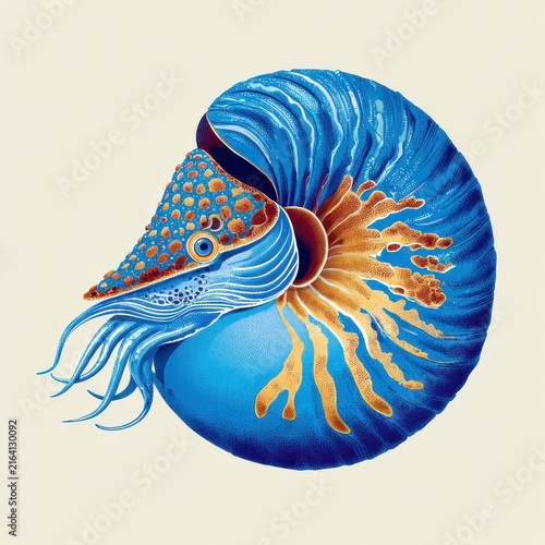 Detailed Blue Nautilus Shell With Tentacles Isolated On A Pale Off White Cream Background