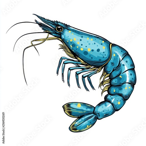 Detailed Blue Shrimp Illustration With Yellow Spots Isolated On A Crisp White Background