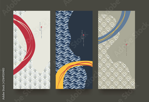 Set of Packaging templates japanese old style background fabric luxury or premium products. Asian pattern art design.