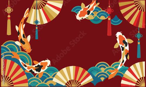 Chinese New Year koi fish fans tassels red gold decoration illustration