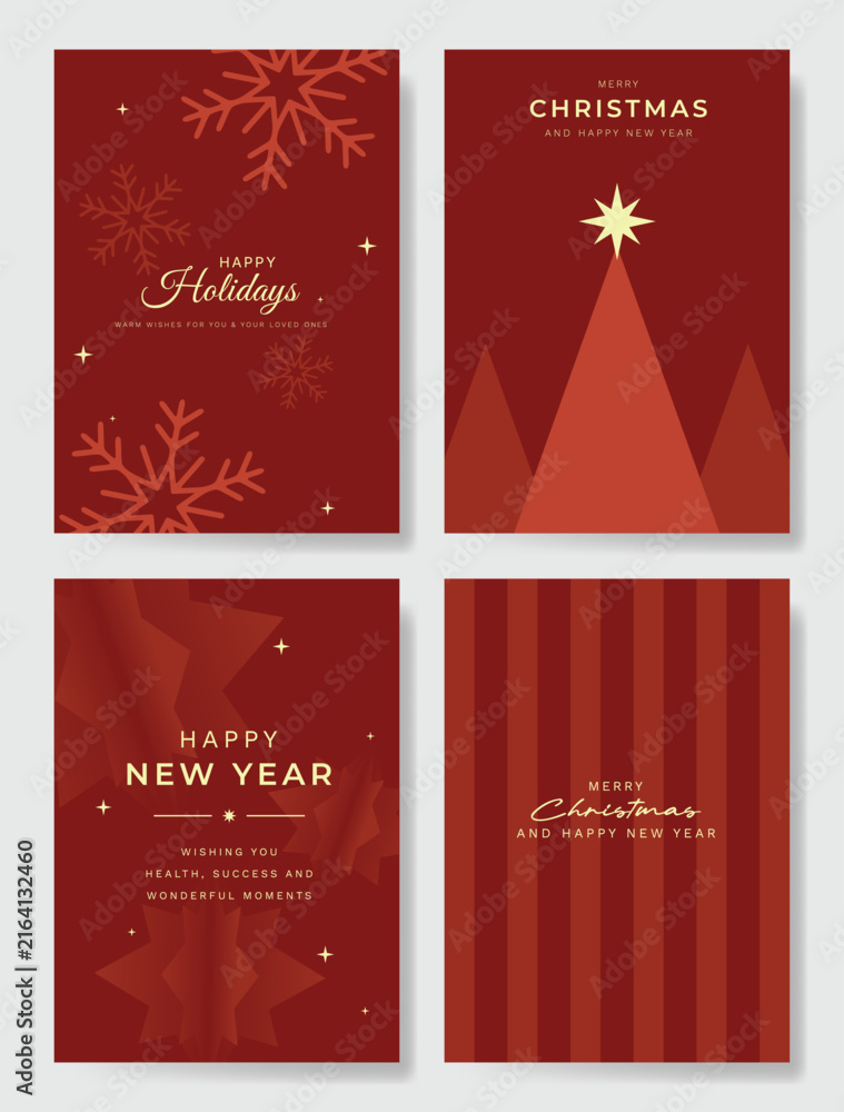 Obraz premium Christmas and Happy holiday greeting card vector set. Elegant wallpaper with pine leaves, pinecone, christmas tree, wreath. Holidays design illustration for cover, print, poster, Happy New Year, ads.
