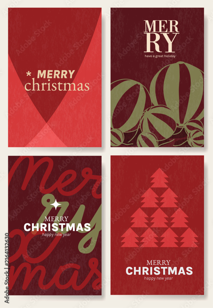 Obraz premium Christmas and Happy holiday greeting card vector set. Elegant wallpaper with pine leaves, pinecone, christmas tree, wreath. Holidays design illustration for cover, print, poster, Happy New Year, ads.