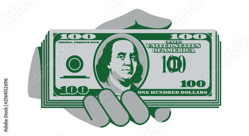 Hand presenting stack of one hundred dollar bills vector illustration