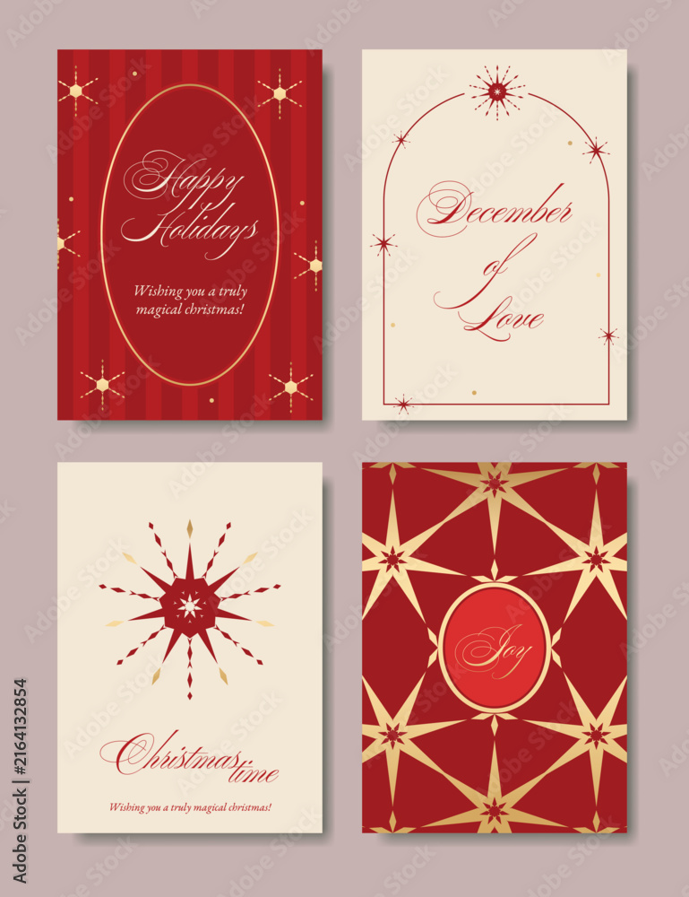 Obraz premium Christmas and Happy holiday greeting card vector set. Elegant wallpaper with pine leaves, pinecone, christmas tree, wreath. Holidays design illustration for cover, print, poster, Happy New Year, ads.
