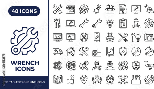 Foto Wrench repair icon set in thin line style for workshop and maintenance service w