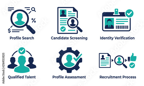 Принти на полотні Profile search, candidate screening, identity verification, qualified talent, profile assessment, recruitment process, hiring icons, employment vector set, human resources concept illustration