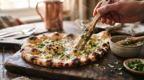 Action Close Up View of Chef Brushing Melted Garlic Butter and Herbs on Freshly Baked Hot Naan Flatbread with Steam on Rustic Wooden Board