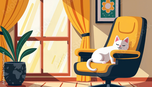 White cat sleeping on a chair in a sunny room with plants  