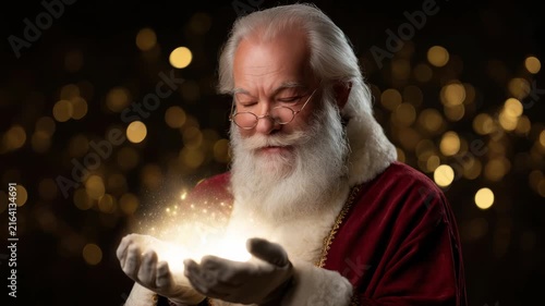 Santa Claus Holding Magical Glowing Particles in Hands, Festive Bokeh Background