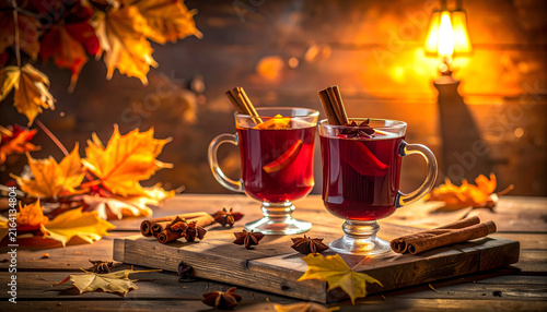 Two glasses of warm spiced drink sit on wooden bench with snug winter mood illustration generative AI