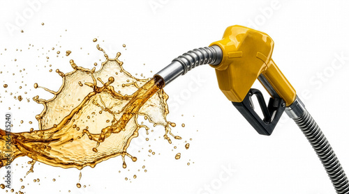 Yellow Fuel Nozzle Splashing Gasoline Isolated on White Background